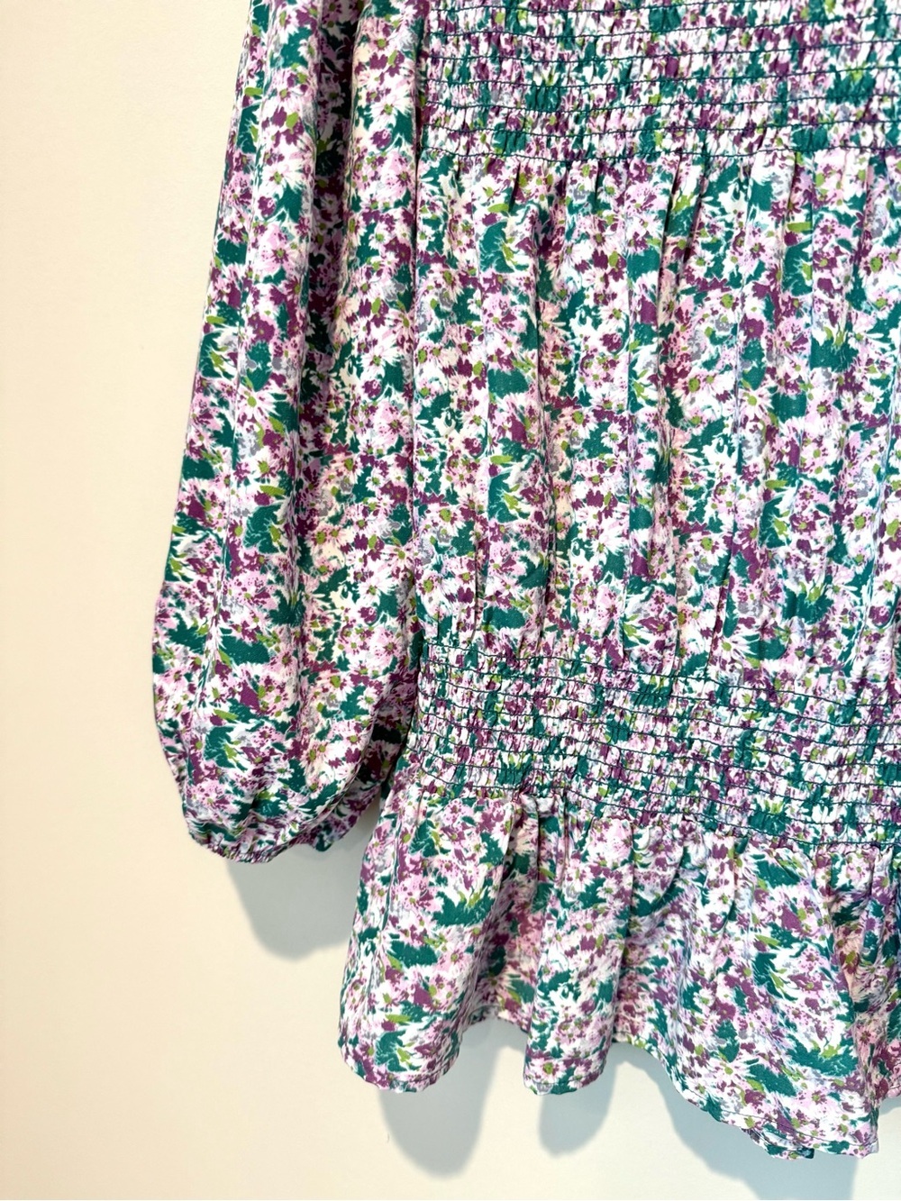 Women’s Smocked Floral Flowy Peplum Top in Purple Green White - Picture 3 of 4